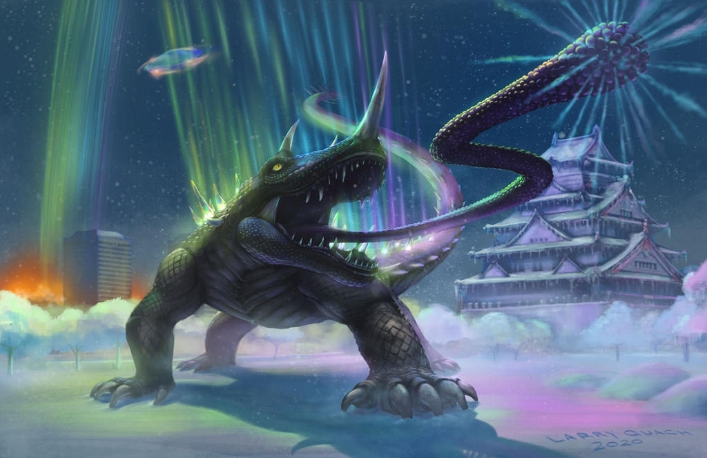 absurdly_long_tail, barugon, breath_weapon, breathing_ice, building, castle, daiei_motion_picture, energy