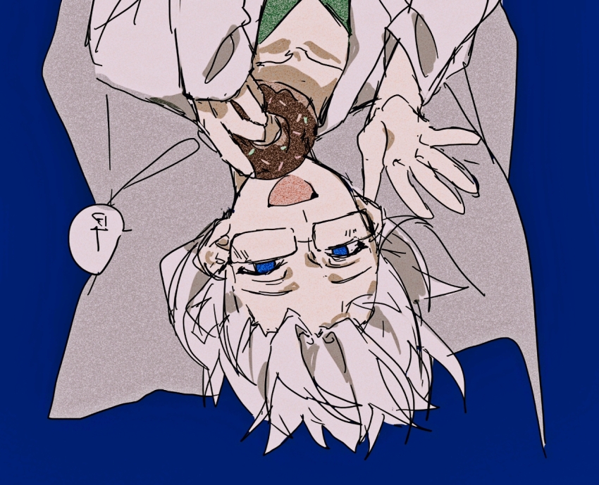 1boy, blue_background, blue_eyes, chinese_commentary, commentary_request, donut, film_grain, food