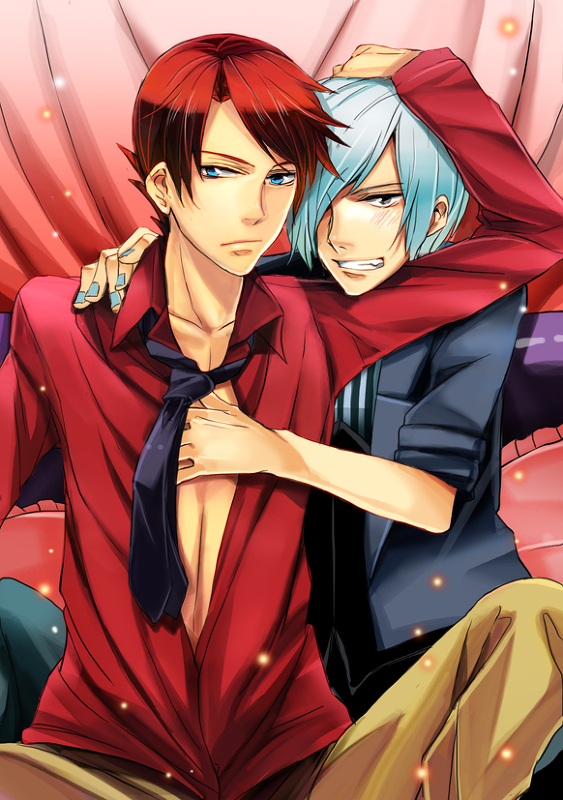 2boys, amakusa_juuza, bad_id, bad_pixiv_id, blue_eyes, blush, dress_shirt, fujiwara_hiro