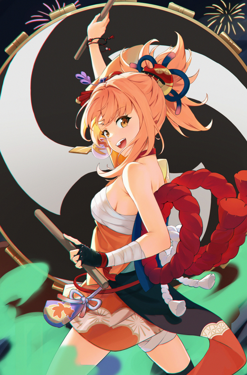 1girl, absurdres, asymmetrical_clothes, bandaged_arm, bandages, black_gloves, blonde_hair, bracelet