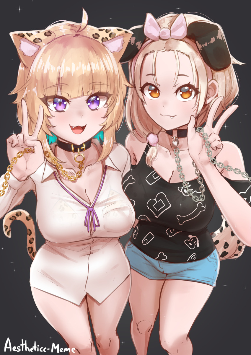 2girls, :3, absurdres, aestheticc-meme, ahoge, animal_collar, animal_ears, animal_print