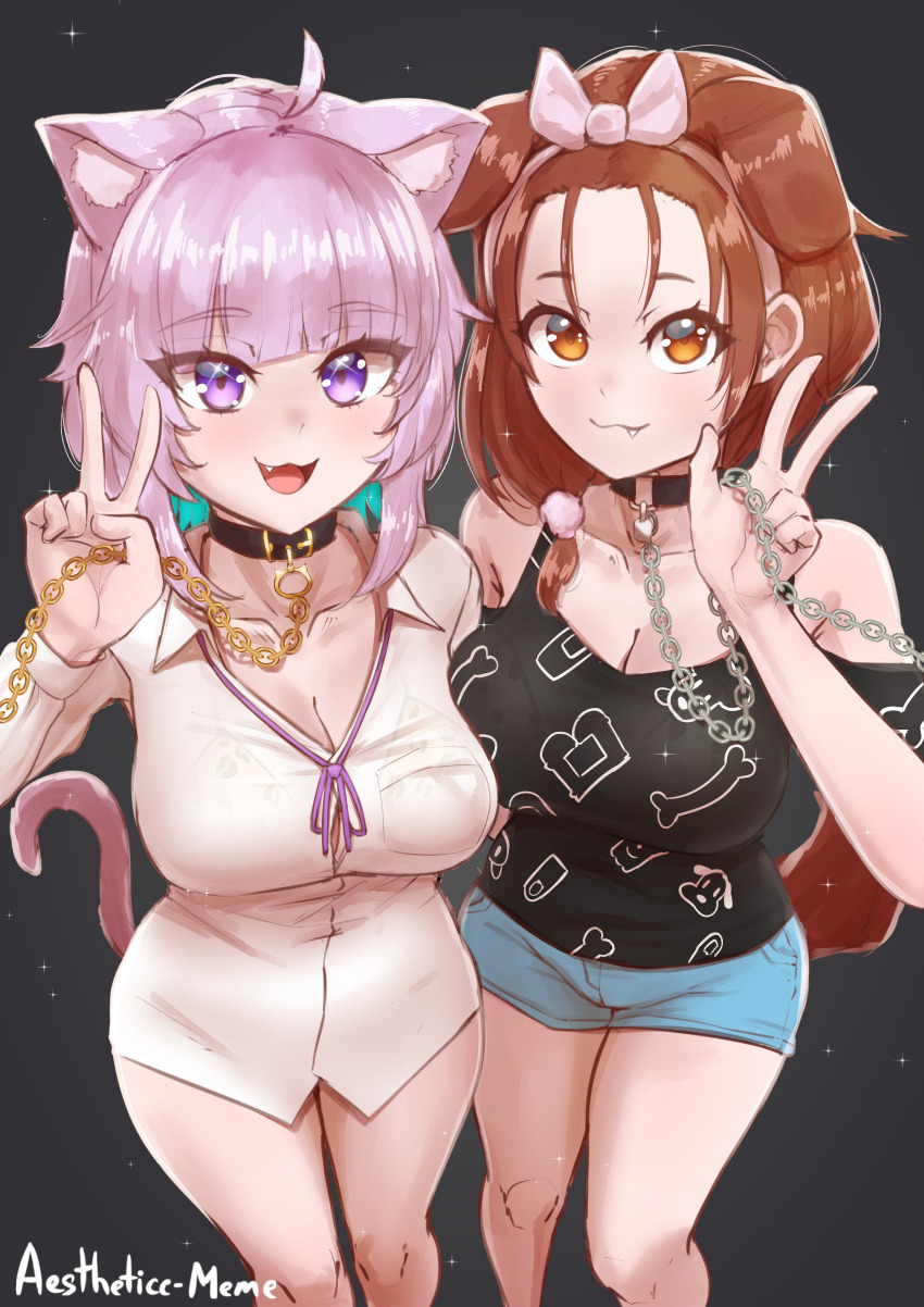 2girls, :3, absurdres, aestheticc-meme, ahoge, animal_collar, animal_ears, animal_print