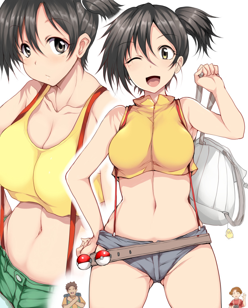 1boy, 2girls, absurdres, alternate_eye_color, alternate_hair_color, bag, belt, black_hair, blue_shorts, breasts, brock_(pokemon), brown_belt, brown_eyes, collarbone, crop_top, denim, denim_shorts, gen_1_pokemon, gluteal_fold, green_shorts, highres, holding, holding_bag, medium_breasts, micro_shorts, misty_(pokemon), multiple_girls, navel, nintendo, poke_ball, poke_ball_(basic), pokemon, pokemon:_the_electric_tale_of_pikachu, pokemon_(anime), pokemon_(classic_anime), psyduck, shorts, side_ponytail, sleeveless, solo_focus, spiked_hair, suspenders, tank_top, todd_snap, tsukasawa_takamatsu, yellow_tank_top