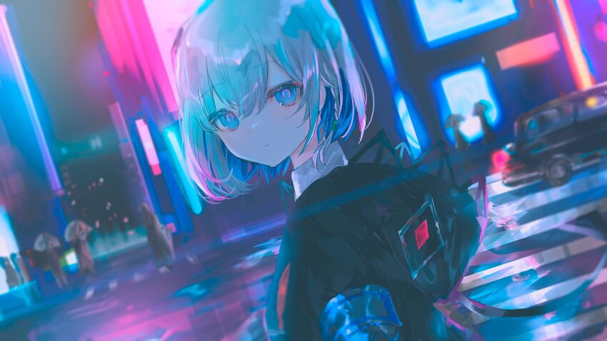 1girl, absurdres, black_jacket, blue_eyes, blue_hair, blue_pupils, blurry, blurry_background