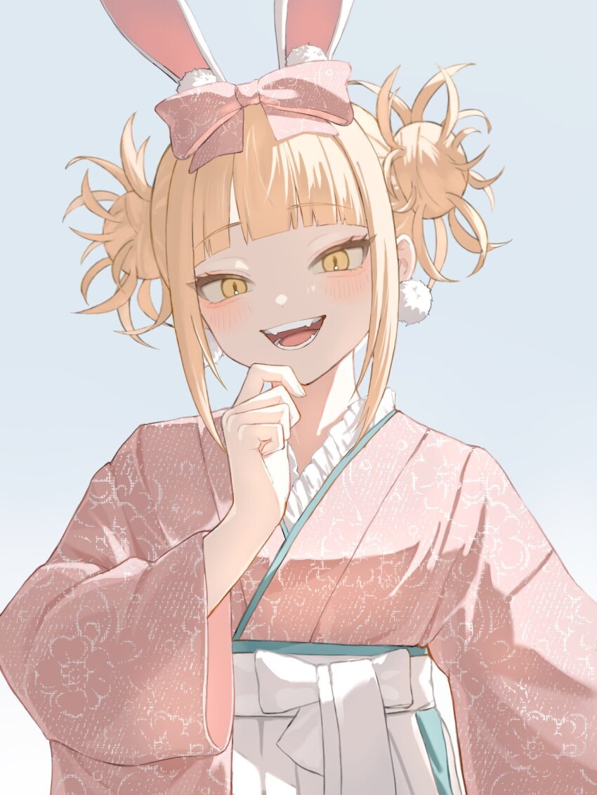 1girl, :d, alternate_costume, animal_ear_fluff, animal_ears, blonde_hair, blue_background, blunt_bangs