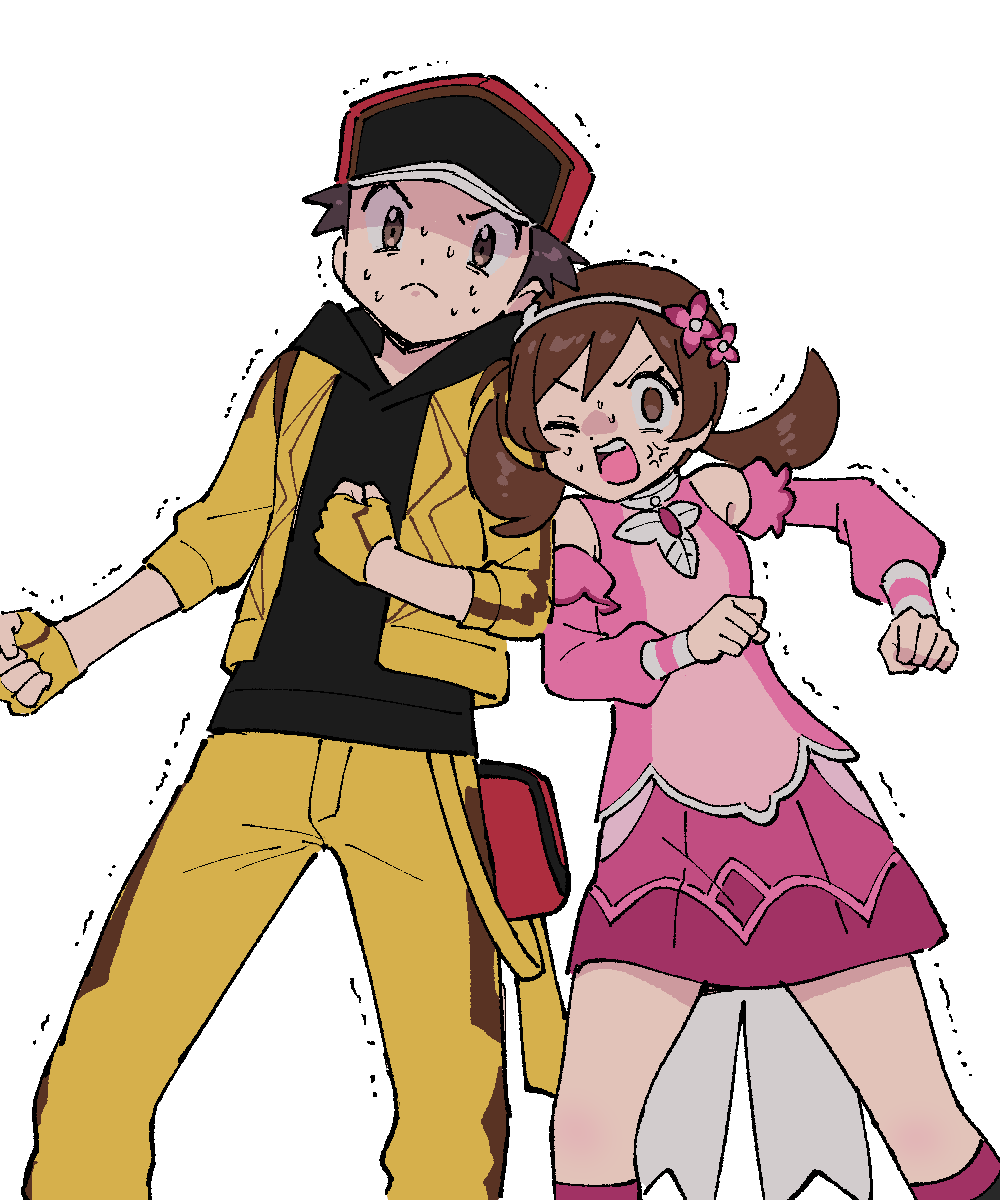 1boy, 1girl, alternate_color, anger_vein, baseball_cap, brown_eyes, brown_hair, clenched_hands