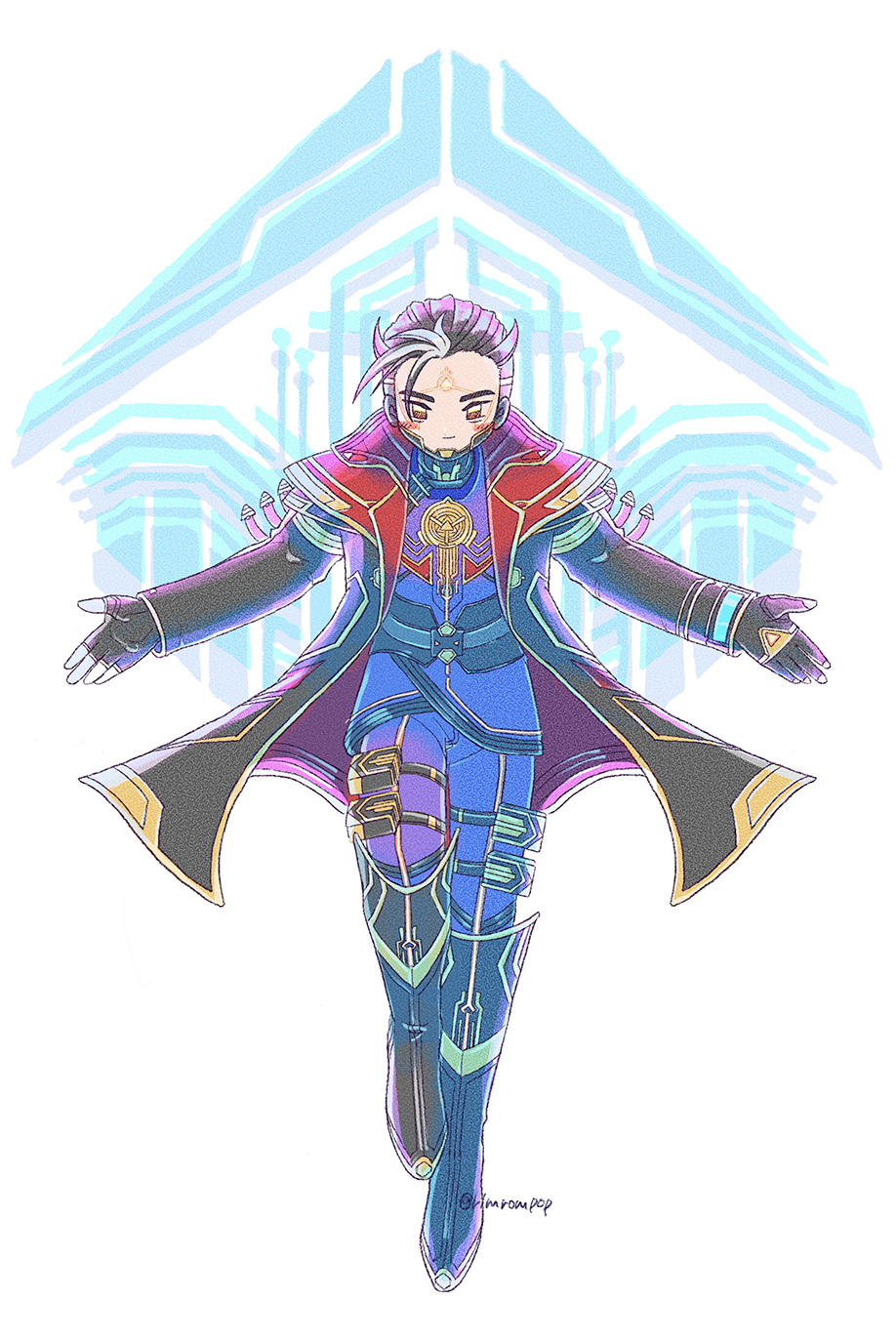 1boy, animification, apex_legends, belt, black_boots, black_gloves, black_hair, black_jacket, blue_pants, blue_shirt, boots, commentary, cryptic_conjurer_crypto, crypto_(apex_legends), english_commentary, facial_mark, floating, forehead_mark, gloves, grey_belt, hair_slicked_back, highres, jacket, knee_boots, male_focus, mixed-language_commentary, muni_ni_mu, official_alternate_costume, open_hands, pants, shirt, smile, solo, white_background