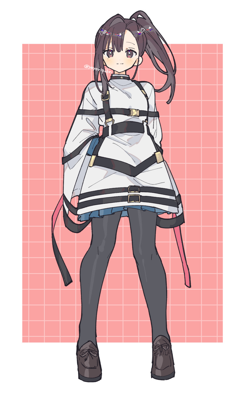 1girl, black_choker, black_leggings, blue_skirt, brown_eyes, brown_hair, brown_shoes, choker