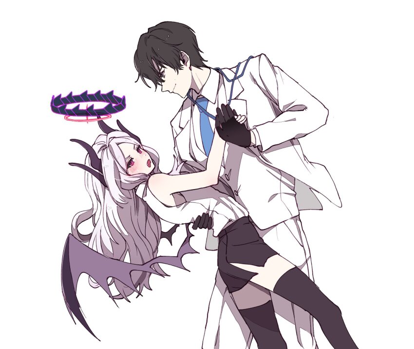 1boy, 1girl, black_gloves, black_hair, black_skirt, black_thighhighs, blue_archive, blue_necktie