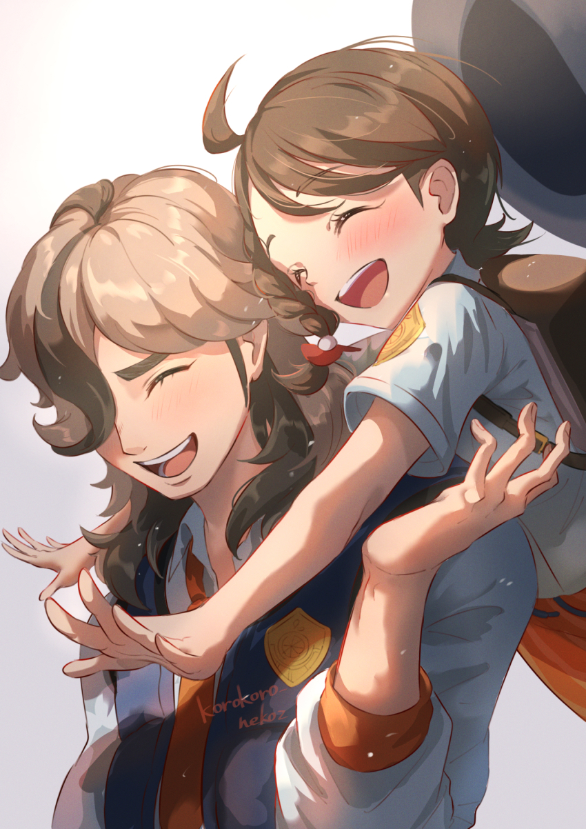 1boy, 1girl, :d, ahoge, arven_(pokemon), backpack, bag, blush, braid, brown_bag, brown_hair, closed_eyes, commentary_request, hand_up, hat, highres, hug, hug_from_behind, juliana_(pokemon), korokoro_nekoz, logo, long_hair, necktie, nintendo, open_clothes, open_mouth, open_vest, orange_necktie, orange_shorts, pokemon, pokemon_scarlet_and_violet, shirt, short_sleeves, shorts, smile, teeth, tongue, unworn_hat, unworn_headwear, upper_teeth_only, vest