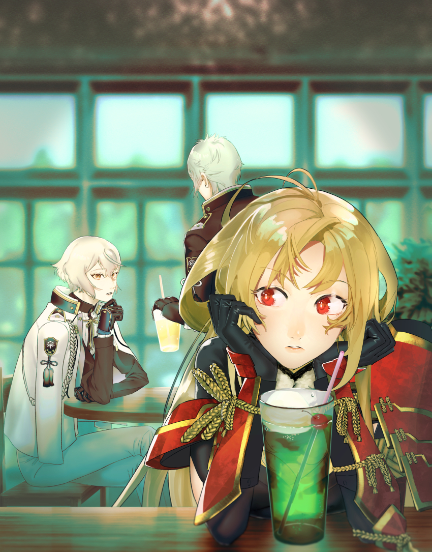 1girl, 2boys, absurdres, antenna_hair, armor, blonde_hair, blurry, blurry_background