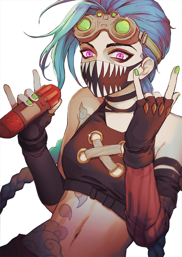 1girl, \m/, apex_legends, arcane:_league_of_legends, arcane_jinx, black_camisole, black_eyeshadow, black_gloves, blue_hair, braid, camisole, cosplay, crop_top, double_\m/, ehofo, elbow_gloves, explosive, eyeshadow, fingerless_gloves, gloves, goggles, goggles_on_head, green_nails, grenade, holding, holding_grenade, jinx_(league_of_legends), league_of_legends, long_bangs, long_hair, makeup, mask, midriff, mouth_mask, navel, octane_(apex_legends), octane_(apex_legends)_(cosplay), official_alternate_costume, purple_eyes, solo, stomach_tattoo, tattoo, thermite_grenade, very_long_hair, white_background