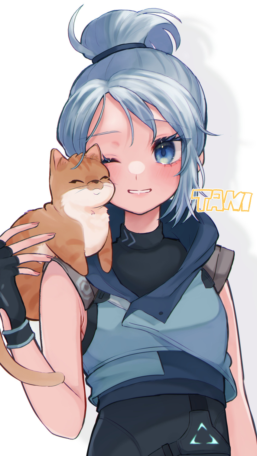 1girl, 3bai_kaiouken, absurdres, animification, artist_name, blue_eyes, blue_vest, blush