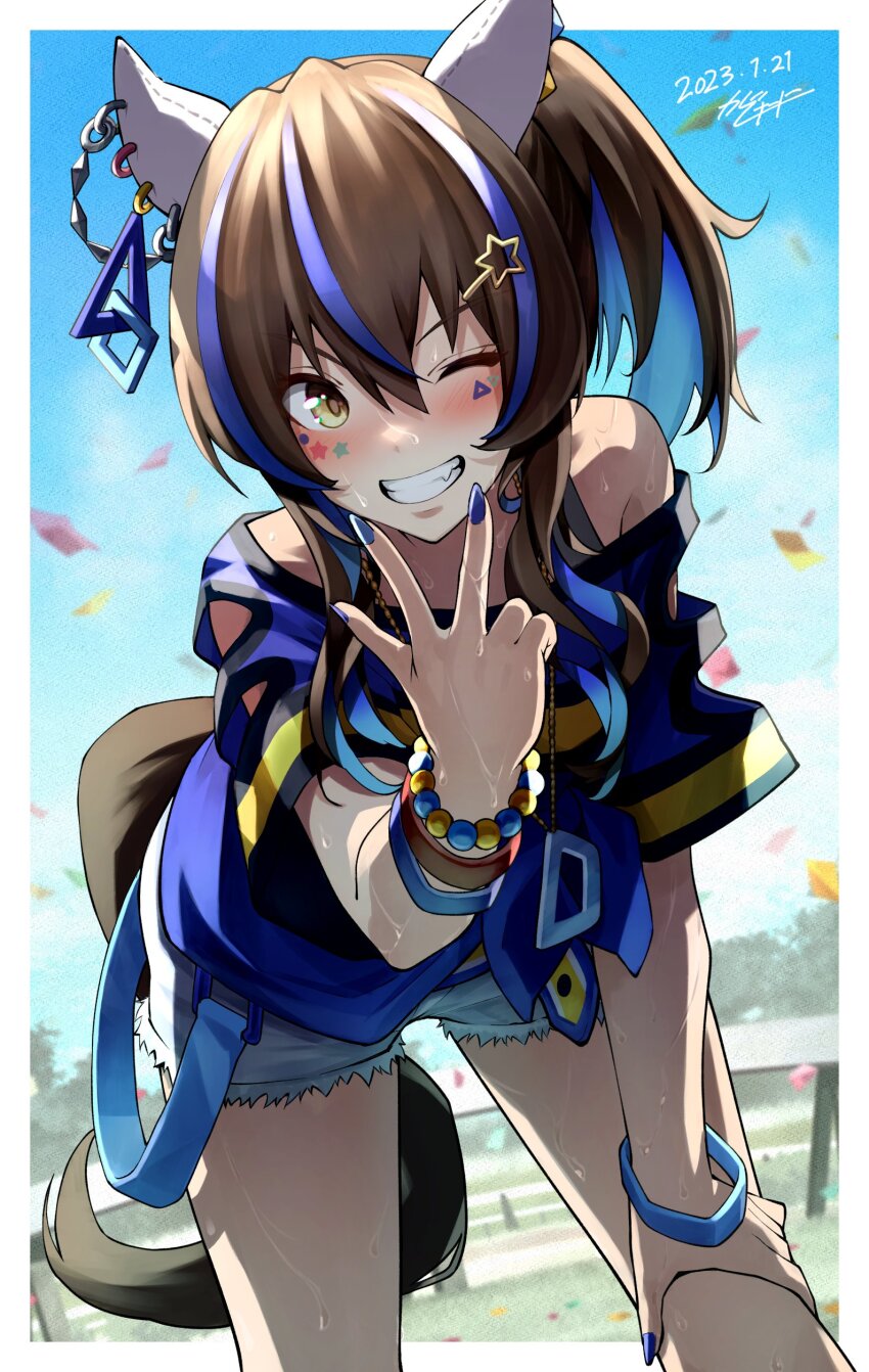 1girl, absurdres, animal_ears, bead_bracelet, beads, bent_over, blue_nails, blue_shirt