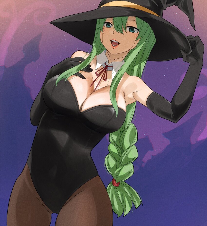 1girl, breasts, cleavage, colorized, eden's_zero, gaston18, green_eyes, green_hair