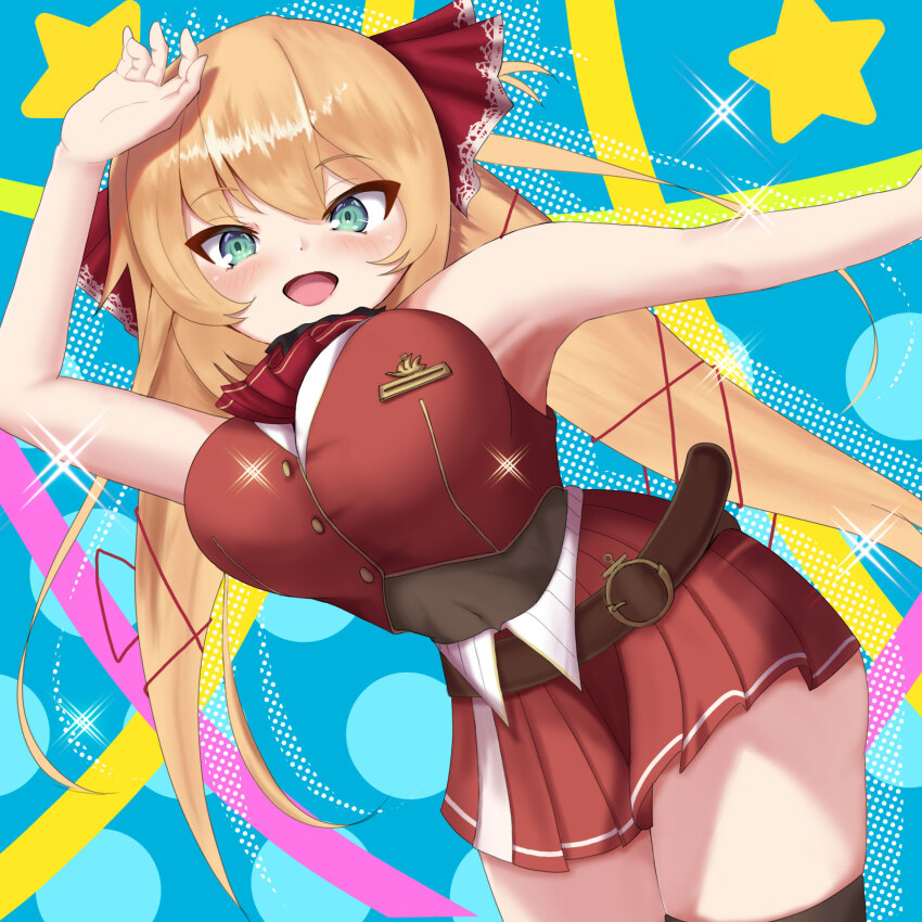 1girl, 264_(user_ffyd3374), akai_haato, ascot, belt, black_leotard, black_thighhighs, blonde_hair, blue_eyes, breasts, brown_belt, cosplay, cropped_jacket, hair_ornament, hair_ribbon, hat, heart, heart_hair_ornament, highres, hololive, houshou_marine, houshou_marine_(1st_costume), houshou_marine_(cosplay), jacket, large_breasts, leotard, light_blush, long_hair, miniskirt, navel, open_mouth, red_ascot, red_skirt, ribbon, skirt, sleeveless, sleeveless_jacket, thighhighs, twintails, virtual_youtuber