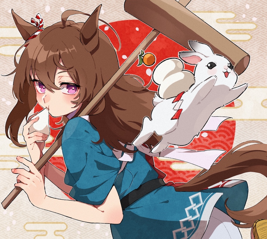 1girl, ahoge, alternate_costume, animal_ears, blush, brown_hair, carrying_over_shoulder, chinese_zodiac