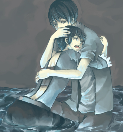 1boy, 1girl, asou_yuu, bad_id, bad_pixiv_id, black_hair, blush, denim, fatal_frame, fatal_frame_iii:_the_tormented, jeans, kurosawa_rei, lowres, mayu_gomori, mayuuuuu, mole, mole_under_eye, pants, shirt, short_hair, spirit, tears, water