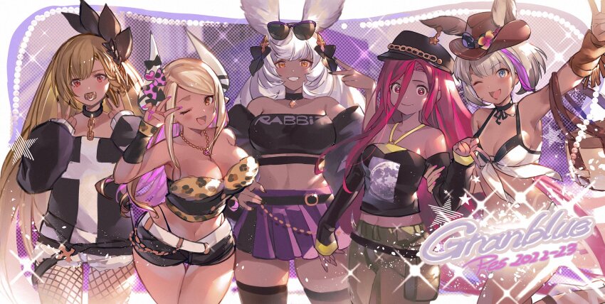 5girls, alternate_costume, animal_ears, animal_print, bandeau, bare_shoulders, belt, bikini, black_headwear, black_shorts, black_sweater, black_thighhighs, blue_eyes, blush, breasts, brown_hair, chloe_(granblue_fantasy), choker, cleavage, closed_mouth, clothes_writing, copyright_name, cowboy_hat, cowboy_shot, dark-skinned_female, dark_skin, dated, detached_sleeves, diffraction_spikes, ears_through_headwear, eyewear_on_head, fishnet_pantyhose, fishnets, flat_chest, glint, granblue_fantasy, green_pants, grey_hair, grin, hair_ornament, hand_on_own_hip, hand_up, hands_up, hat, helel_ben_shalem, highres, holding_another's_arm, horns, jewelry, kumbhira_(granblue_fantasy), large_breasts, leopard_print, long_hair, looking_at_viewer, makura_(granblue_fantasy), midriff, miniskirt, multiple_girls, nail_polish, navel, necklace, nishiki_(jinnishiki), off-shoulder_sweater, off_shoulder, one_eye_closed, open_mouth, pacifier, pants, pantyhose, purple_skirt, rabbit_ears, red_eyes, red_hair, shirt, short_hair, short_shorts, shorts, skirt, small_breasts, smile, strapless, strapless_shirt, sunglasses, sweater, swimsuit, thighhighs, trait_connection, v, very_long_hair, white_bikini, white_hair, yatima, yellow_eyes
