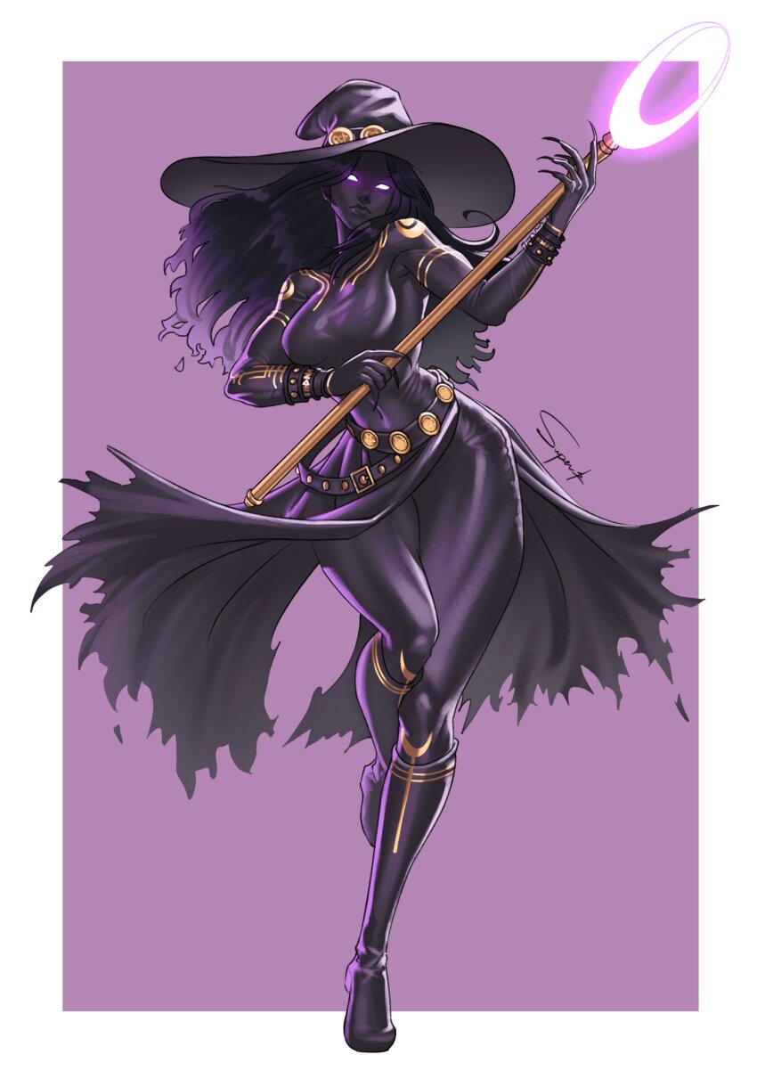 1girl, alternate_costume, belt, black_bodysuit, black_boots, black_hair, black_skin, bodysuit, boots, border, bracelet, breasts, colored_skin, commentary, dress, english_commentary, facing_viewer, fingernails, full_body, glowing, glowing_eyes, gold_trim, hat, highres, holding, holding_staff, jewelry, knee_boots, lips, long_fingernails, long_hair, marvel, medium_breasts, multiple_belts, narrow_waist, nico_minoru, outside_border, purple_background, purple_eyes, runaways_(marvel), sharp_fingernails, signature, skin_tight, solo, staff, superbull, superhero_costume, torn_clothes, torn_dress, white_border, wide_hips, witch, witch_hat