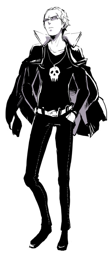 1boy, atlus, belt, buckle, clothes_writing, collarbone, greyscale, hands_in_pockets, jacket, jacket_on_shoulders, looking_at_viewer, male_focus, monochrome, persona, persona_4, school_uniform, shirt, short_hair, simple_background, skull_print, solo, standing, t-shirt, tatsumi_kanji, tm_jirou, very_short_hair, white_background