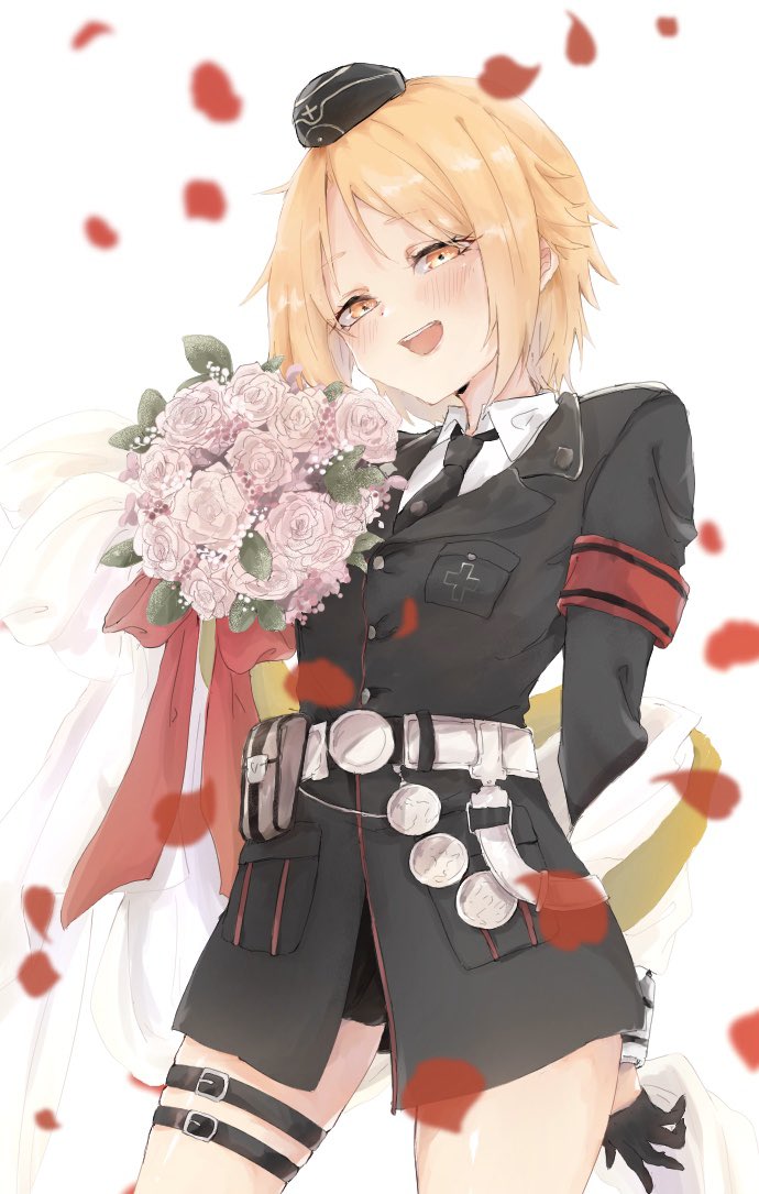 1girl, armband, belt, black_gloves, black_hat, black_jacket, black_necktie, blonde_hair, blush, bouquet, collared_shirt, commentary_request, cowboy_shot, drfrsabi_3, flower, garrison_cap, girls'_frontline, gloves, hat, holding, holding_bouquet, jacket, long_sleeves, looking_at_viewer, military, military_hat, military_uniform, mini_hat, mp40_(girls'_frontline), necktie, open_mouth, petals, red_armband, rose_petals, shirt, short_hair, smile, solo, white_background, white_shirt, yellow_eyes