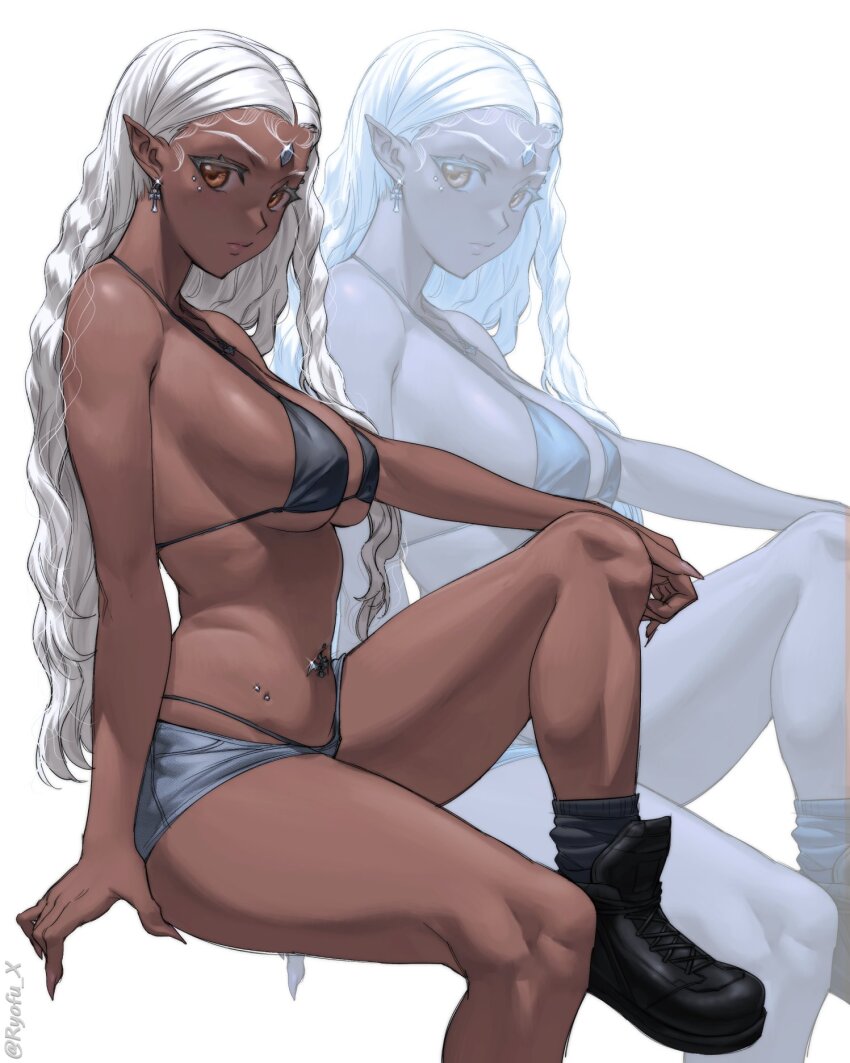 1girl, bare_shoulders, bikini, bikini_under_clothes, black_bikini, black_boots, black_socks, boots, breasts, brown_eyes, cross, cross_earrings, dark-skinned_female, dark_skin, denim, denim_shorts, earrings, forehead_jewel, highres, jewelry, knee_up, large_breasts, long_hair, looking_at_viewer, loose_socks, navel, navel_piercing, original, piercing, pointy_ears, ryofu_x, short_shorts, shorts, simple_background, sitting, socks, solo, stomach, stomach_piercing, swimsuit, thighs, underboob, vampire, white_background, white_hair, zoom_layer