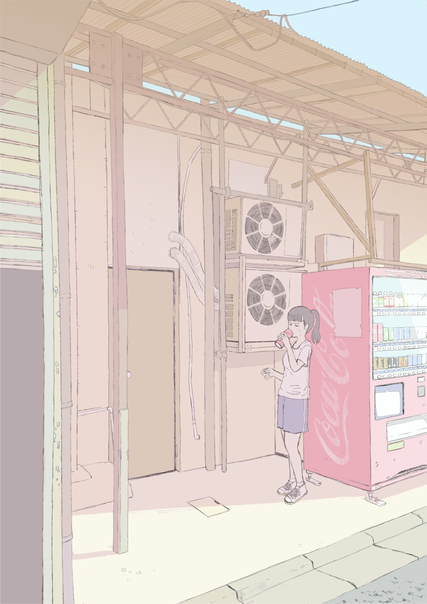 1girl, can, closed_eyes, day, door, drinking, highres, holding, holding_can, original, outdoors, ponytail, rikirosso, scenery, shirt, shoes, shorts, sneakers, standing, sweat, t-shirt, vending_machine, white_shirt