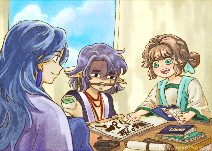 1girl, 2boys, aqua_eyes, black_hair, blue_hair, book, cup, earrings