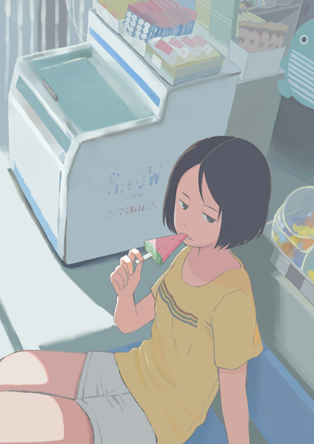 1girl, black_hair, cooler, eating, food, highres, holding, holding_food