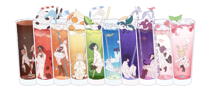 5boys, 5girls, absurdres, against_glass, anna_(yakusoku_no_neverland), bare_legs, bendy_straw, black_footwear