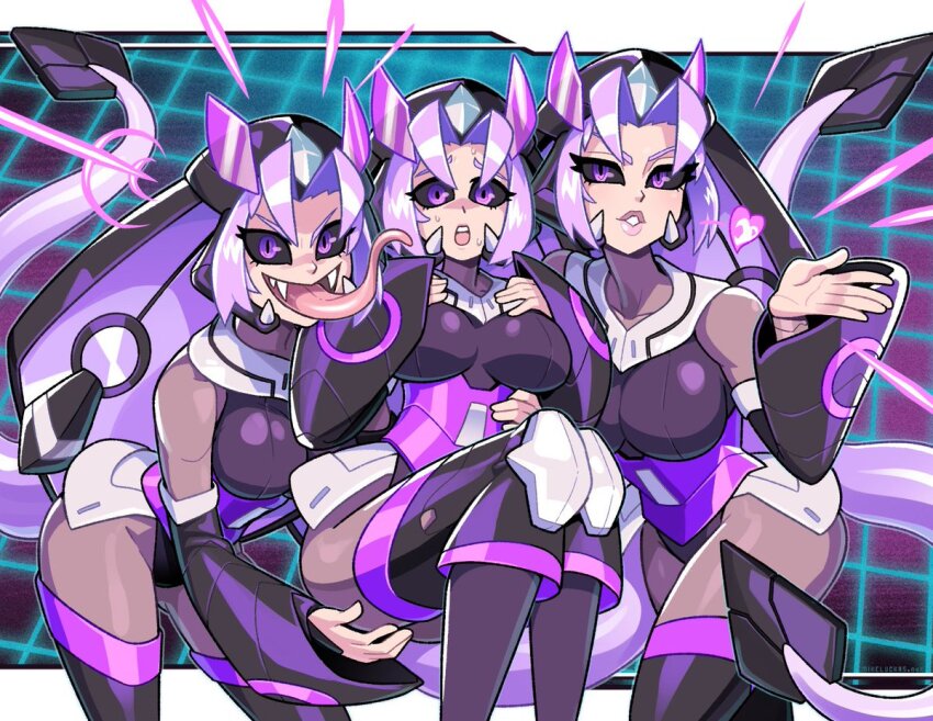 3girls, armor, azure_striker_gunvolt, black_sclera, breasts, colored_sclera, elise_(gunvolt), female_focus