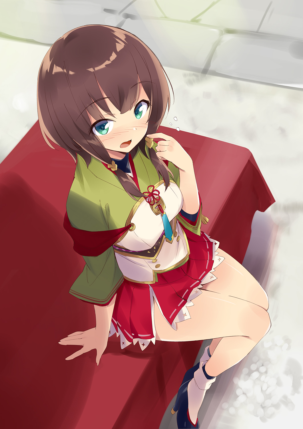 1girl, arm_support, black_footwear, brown_hair, dress, flustered, green_dress, green_eyes