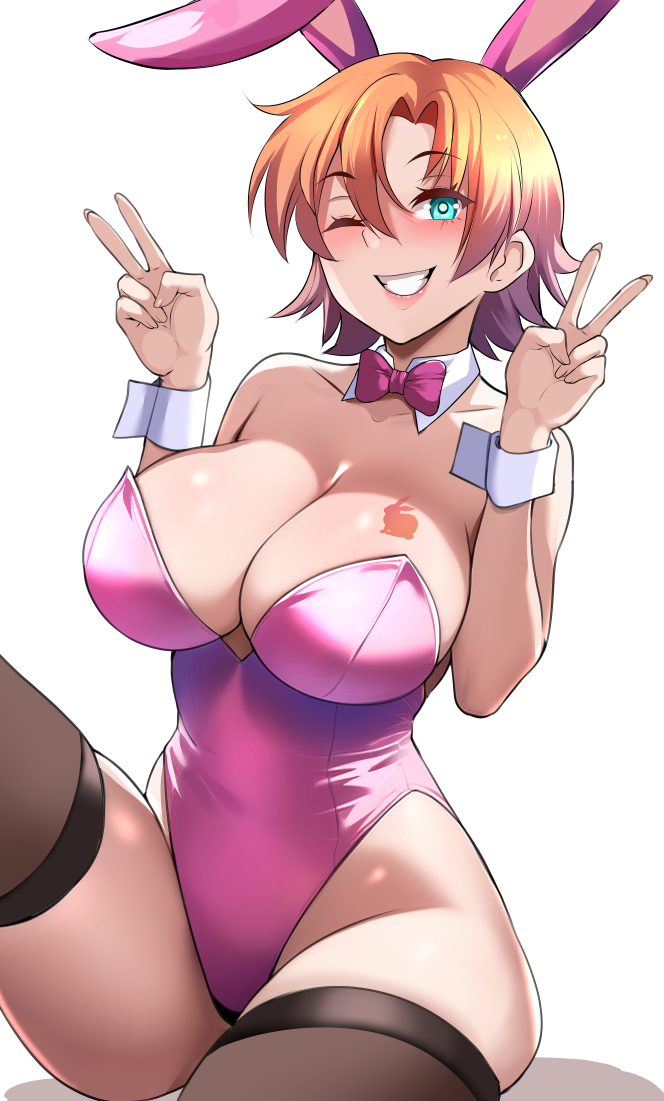 1girl, alternate_costume, animal_ears, bow, bowtie, breast_tattoo, breasts, brown_thighhighs, chinese_zodiac, cleavage, commentary, detached_collar, double_v, english_commentary, green_eyes, grin, hands_up, highleg, highleg_leotard, lainart, large_breasts, leotard, nora_valkyrie, one_eye_closed, orange_hair, pink_bow, pink_bowtie, pink_leotard, playboy_bunny, rabbit_ears, rabbit_tattoo, rwby, short_hair, simple_background, sitting, smile, solo, tattoo, teeth, thighhighs, thighs, v, white_background, wing_collar, wrist_cuffs, year_of_the_rabbit