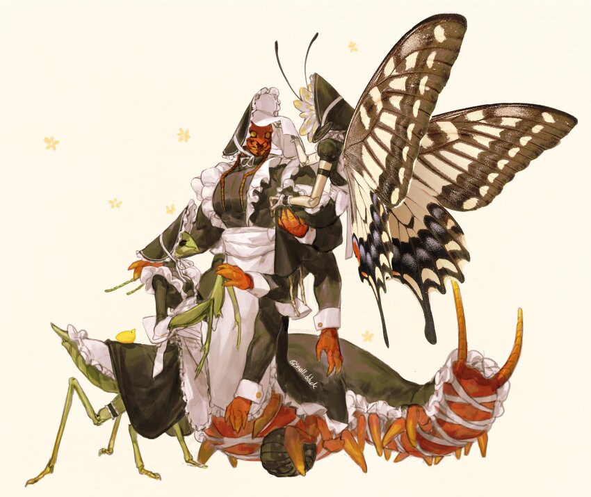 1boy, 2girls, absurdres, animal, antennae, apron, arthropod_boy, arthropod_girl, arthropod_limbs, baby_animal, bird, black_dress, black_eyes, black_sclera, bonnet, bug, butterfly_girl, butterfly_wings, carapace, carrying, centipede_boy, child_carry, claws, colored_sclera, colored_skin, commentary, crossdressing, doll_joints, dress, duck, duckling, english_commentary, extra_arms, fewer_digits, floral_background, frilled_apron, frilled_bonnet, frilled_thigh_strap, frills, full_body, green_skin, hands_up, highres, insect_wings, joints, korean_commentary, long_sleeves, looking_at_another, maid, maid_apron, mandibles, mantis_girl, mixed-language_commentary, multiple_girls, muscular, muscular_male, no_feet, no_pupils, orange_skin, original, pillbug, puffy_short_sleeves, puffy_sleeves, short_sleeves, simple_background, sleeve_cuffs, small_dduck, standing, thigh_strap, twitter_username, veil, veil_lift, white_apron, wings, yellow_background, yellow_eyes