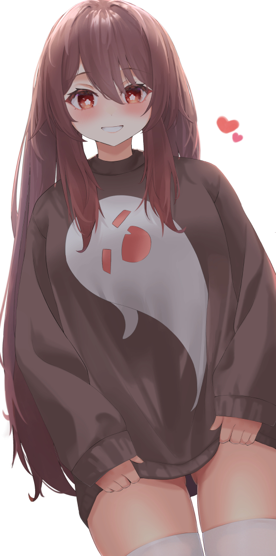 1girl, alternate_costume, black_sweater, blush, boo_tao_(genshin_impact), brown_hair, casual, flower-shaped_pupils, genshin_impact, gluteal_fold, grin, hair_between_eyes, harurunoe, heart, holding, hu_tao_(genshin_impact), long_hair, long_sleeves, looking_at_viewer, oversized_clothes, red_eyes, sidelocks, simple_background, sleeves_past_wrists, smile, solo, sweater, symbol-shaped_pupils, thighhighs, thighs, twintails, white_background, white_thighhighs