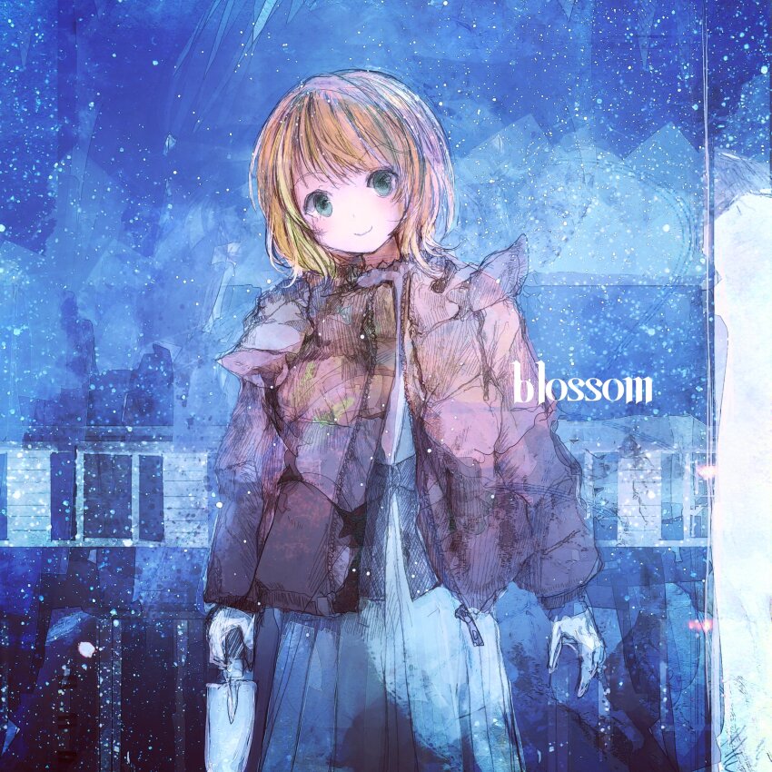 1girl, 86thunder, absurdres, alternate_costume, aqua_eyes, arms_at_sides, blue_background, blush