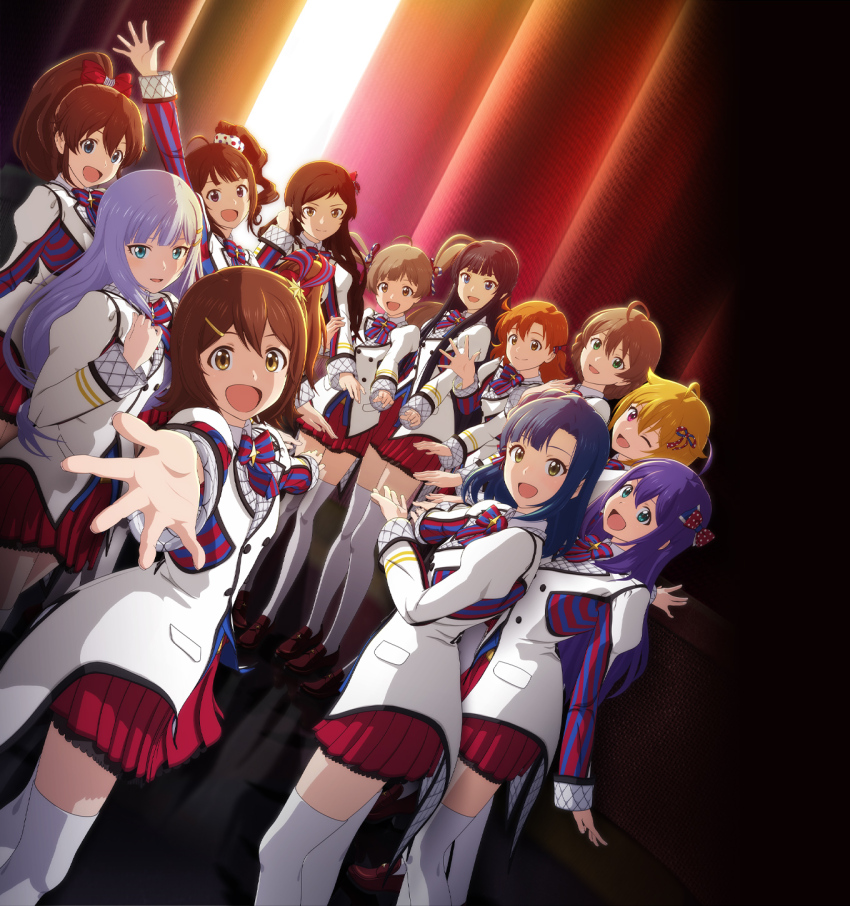 6+girls, :d, ahoge, aqua_eyes, black_hair, blonde_hair, blue_eyes, blue_hair