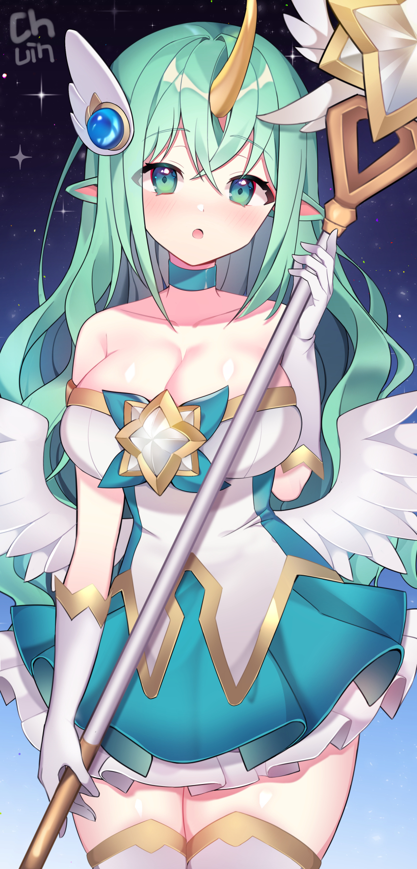 1girl, :o, absurdres, breasts, dress, gloves, green_eyes, grey_hair
