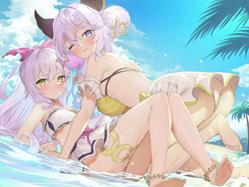 2girls, animal_ears, anklet, arm_support, barefoot, bikini, blue_sky, bow