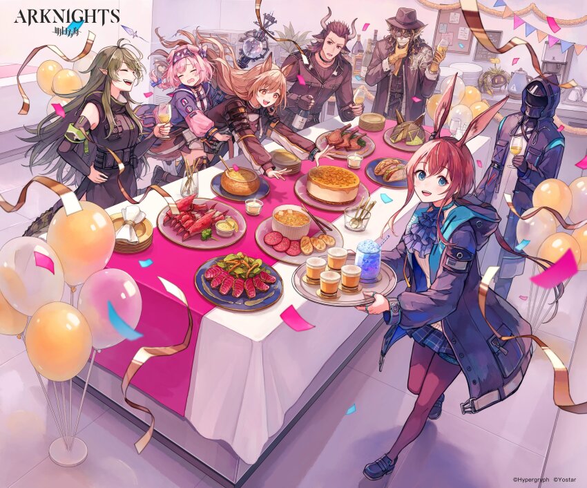 1other, 2boys, 4girls, absurdres, ambiguous_gender, amiya_(arknights), animal_ears, arknights, balloon, bottle, cake, cat_ears, cat_girl, ceobe_(arknights), coffee_maker, cow_boy, cow_ears, cow_horns, crab, crocodilian_tail, cup, doctor_(arknights), dog_ears, dog_girl, domesticated_metal_crab_(arknights), dragon_boy, drinking_glass, fedora, fondue, food, furry, furry_male, gavial_(arknights), gloves, goldenglow_(arknights), green_hair, hat, highres, holding, holding_staff, horns, kettle, lamb_chops, lee_(arknights), matterhorn_(arknights), multiple_boys, multiple_girls, mythological_creature, official_art, originium_slug_(arknights), plate, pointy_ears, rabbit_ears, rabbit_girl, staff, table, taco, tail, wine_bottle, wine_glass, yellow_gloves