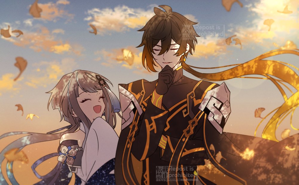 1boy, 1girl, black_gloves, brown_hair, closed_eyes, colored_skin, commentary_request, detached_sleeves