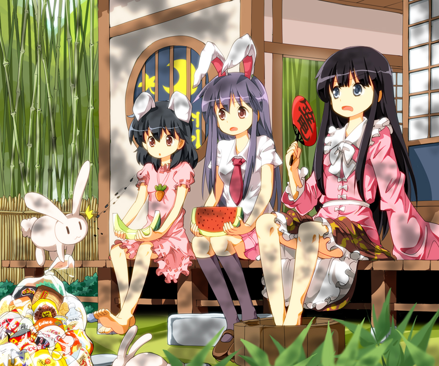 3girls, animal_ears, bamboo, barefoot, black_hair, blue_eyes, extra_ears, female_focus