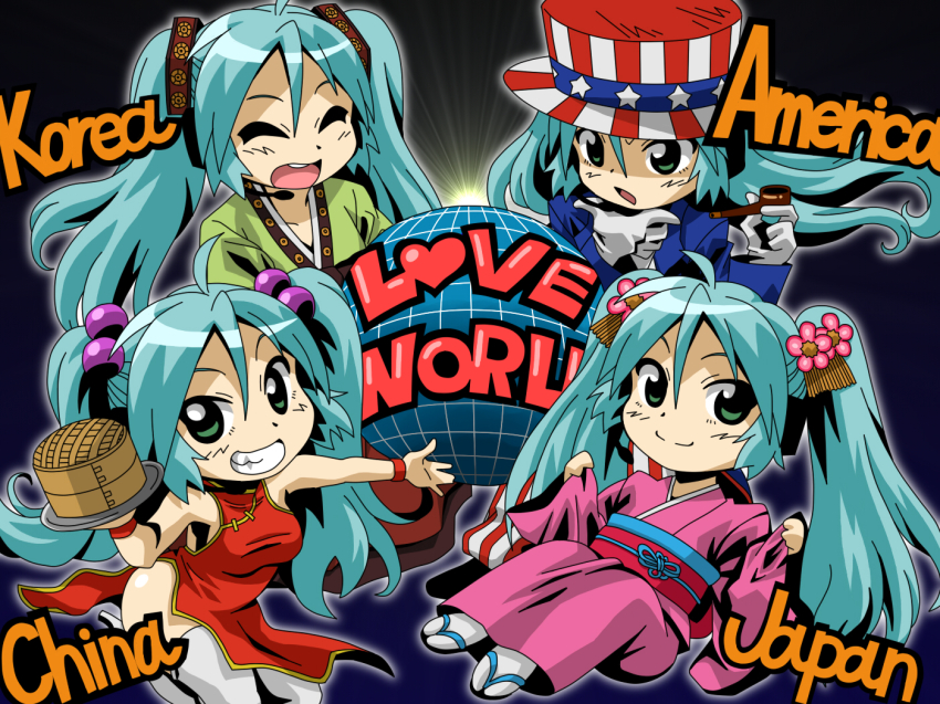angelin, aqua_hair, china, china_dress, chinese_clothes, dress, green_eyes, hanbok, hat, hatsune_miku, japan, japanese_clothes, kimono, korea, korean_clothes, smoking_pipe, top_hat, twintails, uncle_sam, united_states, vocaloid