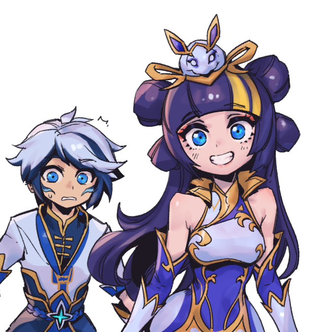 1boy, 1girl, bare_shoulders, belt, black_hair, blonde_hair, blue_belt, blue_dress