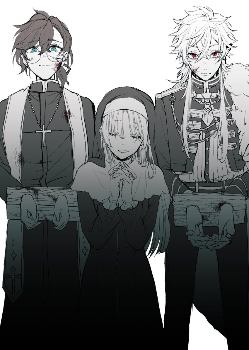 1girl, 2boys, aiguillette, ascot, blue_eyes, capelet, cassock, closed_eyes, cross, cross_earrings, cross_necklace, crossed_bangs, dirty, dirty_clothes, dirty_face, earrings, feet_out_of_frame, frown, fur_trim, glasses, gloves, habit, hair_between_eyes, highres, jacket, jewelry, kanae_(5th_costume)_(nijisanji), kanae_(nijisanji), kuzuha_(nijisanji), latin_cross, long_hair, long_sleeves, looking_at_viewer, medium_hair, military, military_uniform, monochrome, multiple_boys, necklace, nijisanji, nun, official_alternate_costume, official_alternate_hairstyle, open_clothes, open_jacket, own_hands_clasped, own_hands_together, parted_bangs, priest, red_eyes, ring, simple_background, sister_claire, sister_claire_(1st_costume), smile, spot_color, standing, stocks, stole, swept_bangs, taro_(angelpie), traditional_nun, vampire, vest, virtual_youtuber, white_background, white_capelet, white_gloves