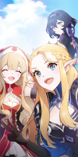 3girls, :<, :d, armor, black_gloves, black_hair, black_shirt, blonde_hair