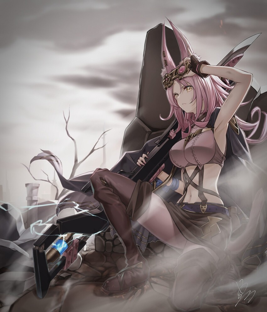 1girl, animal_ear_fluff, animal_ears, arm_up, armpits, bare_shoulders, bare_tree, black_cape, black_gloves, boots, breasts, brown_boots, brown_skirt, cape, closed_mouth, cloud, cloudy_sky, commentary, duel_monster, electricity, ferret_ears, ferret_girl, fingerless_gloves, full_body, gloves, goggles, gun, hair_between_eyes, highres, holding, holding_gun, holding_weapon, kneeling, large_breasts, long_hair, midriff, nail_polish, navel, nue_(nw_0925), outdoors, over_shoulder, pencil_skirt, pink_hair, shadow, sidelocks, signature, skirt, sky, solo, thigh_boots, tree, tri-brigade_ferrijit_the_barren_blossom, weapon, weapon_over_shoulder, yellow_eyes, yu-gi-oh!
