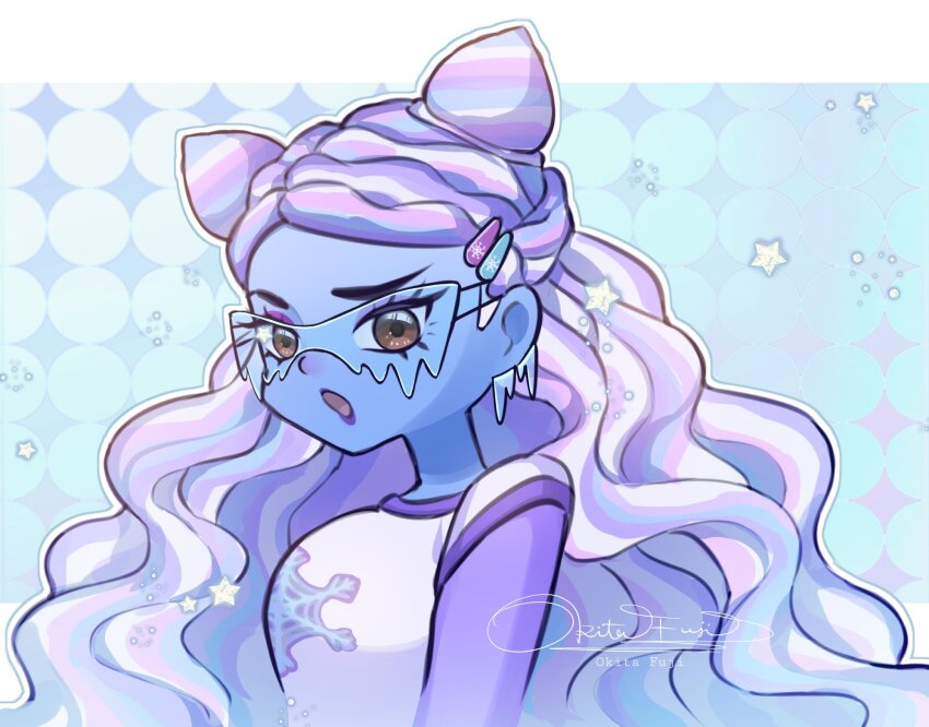 1girl, abbey_bominable, blue_background, blue_hair, blue_skin, brown_eyes, colored_skin, double_bun