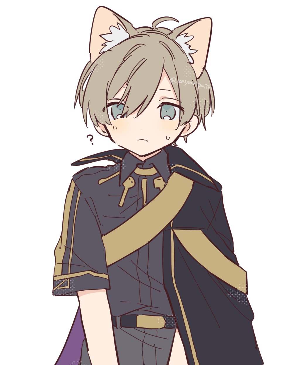 1other, androgynous, animal_ears, belt, black_belt, black_cape, cape, cat_ears, collared_cape, es_(milgram), grey_eyes, grey_shirt, highres, light_brown_hair, looking_at_viewer, milgram, shirt, short_hair, short_sleeves, solo, twitter_username, white_background, yayoripain